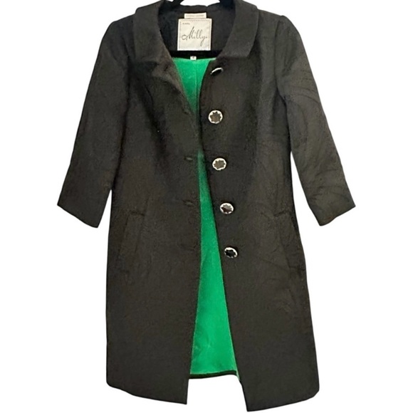 Milly of New York Jackets & Blazers - Milly Vintage Textured Black Jacquard Coat Green Lining 3/4 Sleeve Luxury Size 4